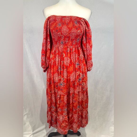 Angie blood orange puff sleeve smocked tiered midi dress size large - Picture 7 of 9